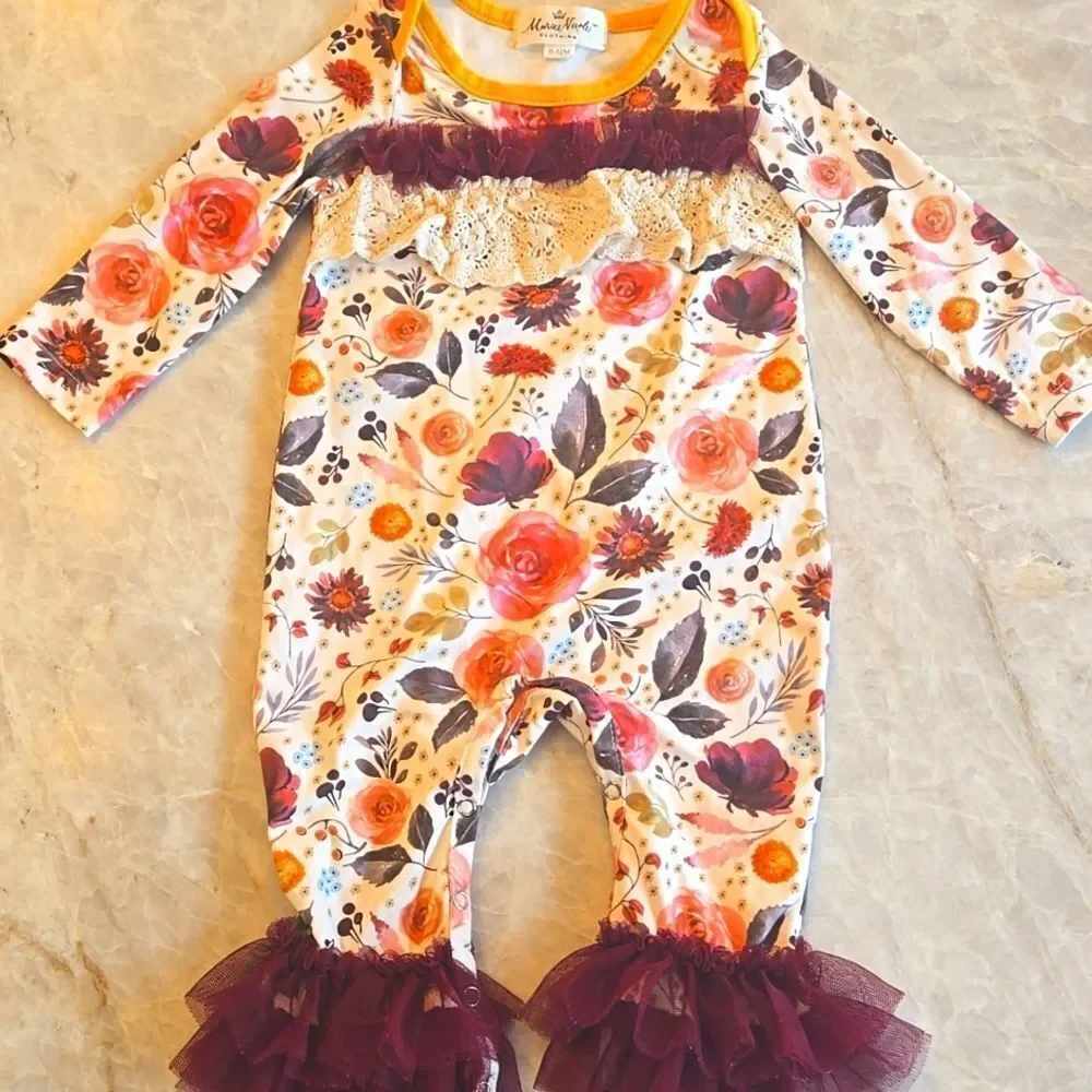 MARIE NICOLE Floral Long Sleeve Baby Romper with Ruffle Details